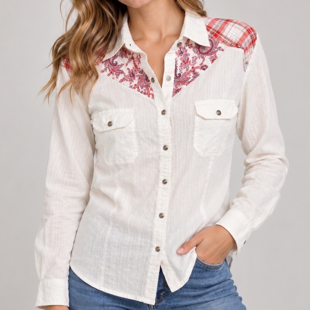 Panhandle Slim Western Shirt Women L White Plaid Paisley Studded Cowgirl Rodeo